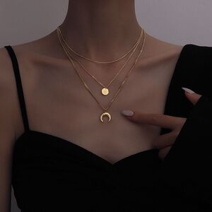Delicate Gold Layered Crescent Necklace Set - Women Jewelry